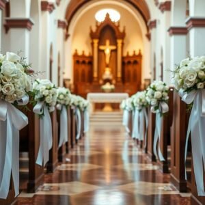 como decorar las bancas de la iglesia para una boda