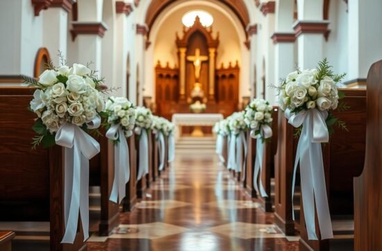 como decorar las bancas de la iglesia para una boda