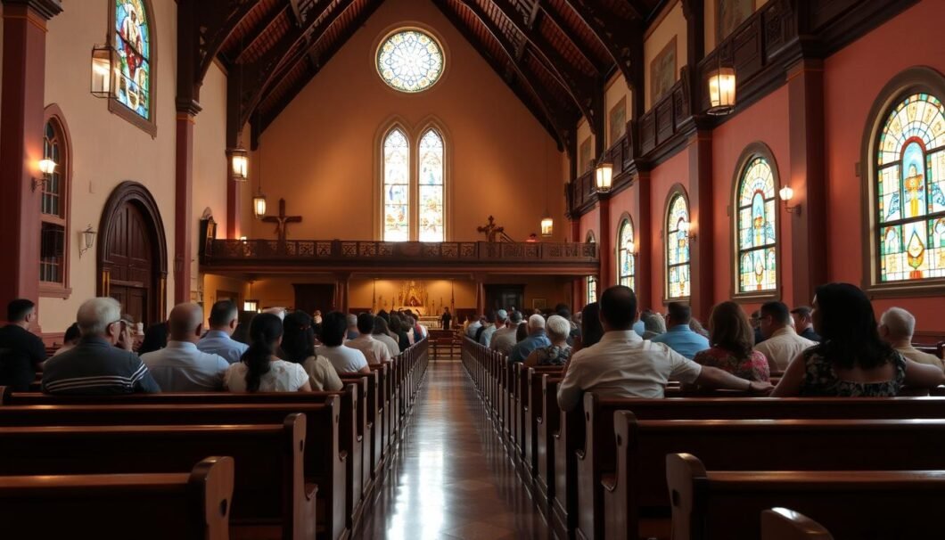 espacio entre bancas de iglesia