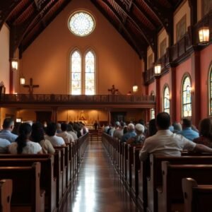 espacio entre bancas de iglesia